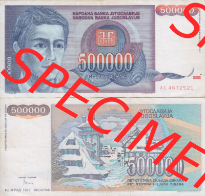 Banknoten Jugoslawien 1993-1993, 500000 Dinar. Vorderseite und Rückseite einer Banknote aus dem nicht mehr existierenden Land... Sammlung