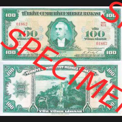Banknote Türkei 1947, P149, 100 Lira. Vorderseite und Rückseite auf einen Digitalen Bild der Banknoten der Türkei 1947, Banknoten aus Satz der Banknoten der Türkei... Sammlung