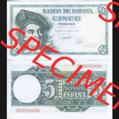 Banknoten Spanien 1948-1948, 5 Peseten. Vorderseite und Rückseite auf einen Digitalen Bild der Banknoten von Spanien 1946-1949, Banknoten aus Satz der Banknoten Spanien 1946-1949... Sammlung