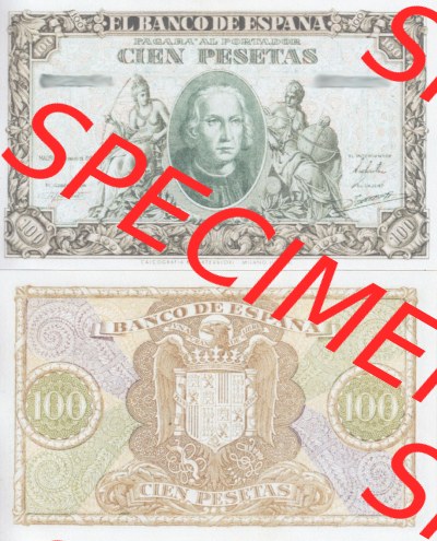 Banknoten Spanien 1940-1943, 100 Peseten. Vorderseite und Rückseite auf einen Digitalen Bild der Banknoten von Spanien 1940,... Sammlung