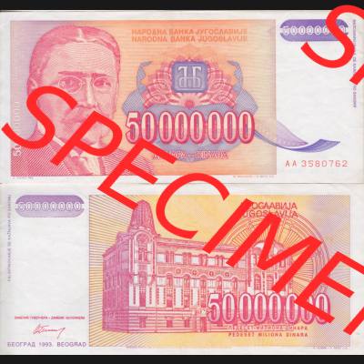 Banknoten Jugoslawien 1993-1993, 50000000 Dinar. Vorderseite und Rückseite einer Banknote aus dem nicht mehr existierenden Land Jugoslawien auf einen Digitalen Bild, Banknoten aus... Sammlung