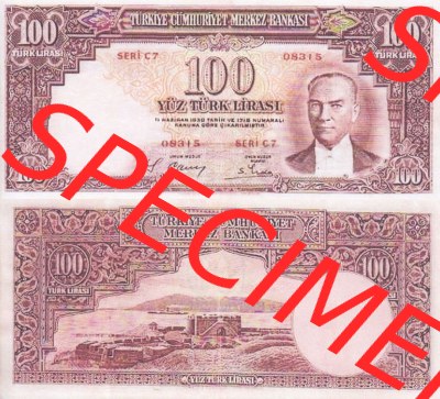 Banknote Türkei 1938, P130, 100 Lira. Vorderseite und Rückseite auf einen Digitalen Bild der Banknoten der Türkei 1937-1939,... Sammlung