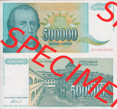 Banknoten Jugoslawien 1993-1993, 500000 Dinar. Vorderseite und Rückseite einer Banknote aus dem nicht mehr existierenden Land... Sammlung