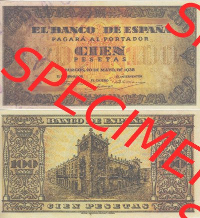 Banknoten Spanien 1938-1938, 100 Peseten. Vorderseite und Rückseite auf einen Digitalen Bild der Banknoten von Spanien 1937-1938,... Sammlung