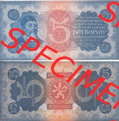 Banknoten Tschechoslowakei 1921-1921, 5 Kronen. Vorderseite und Rückseite auf einen Digitalen Bild der Banknoten der Tschechoslowakei... Sammlung
