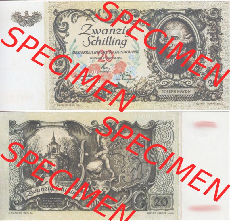 Banknoten Österreich 1950-1950, 20 Schilling. Vorderseite und Rückseite auf einen Digitalen Bild der Banknoten von Österreich 1945-1954, Banknoten aus Satz der Banknoten... Sammlung