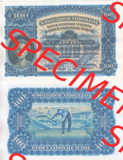 Banknoten Schweiz 1924-1949, 100 Franken. Vorderseite und Rückseite auf einen Digitalen Bild der Banknoten der Schweiz 1913-1955,... Sammlung