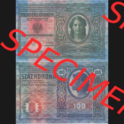 Banknoten Österreich 1912-1912, 100 Kronen. Vorderseite und Rückseite auf einen Digitalen Bild der Banknoten von Österreich 1904-1912, Banknoten aus Satz der Banknoten... Sammlung