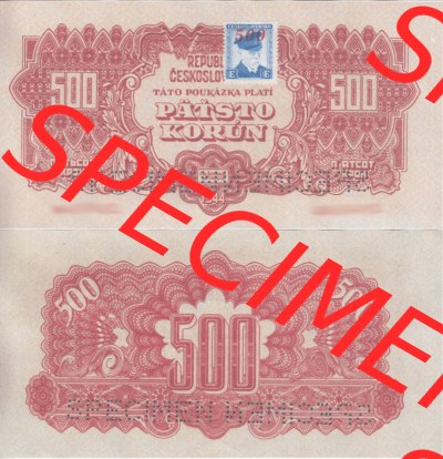 Banknoten Tschechoslowakei 1945-1945, 500 Kronen II mit aufgeklebter Briefmarke, Geldscheine mit Briefmarken der provisorischen... Sammlung