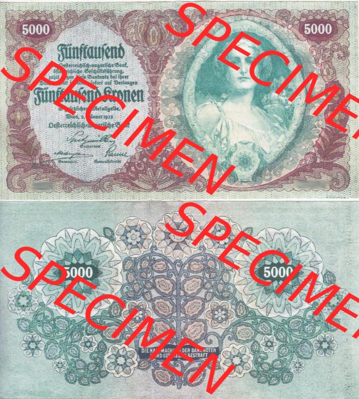 Banknoten Österreich 1922-1922, 5000 Kronen. Vorderseite und Rückseite auf einen Digitalen Bild der Banknoten von Österreich 1922, Banknoten aus Satz der Banknoten Österreich... Sammlung