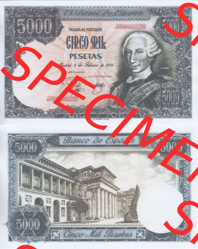Banknoten Spanien 1976-1978, 5000 Peseten. Vorderseite und Rückseite auf einen Digitalen Bild der Banknoten von Spanien 1965-1978,... Sammlung