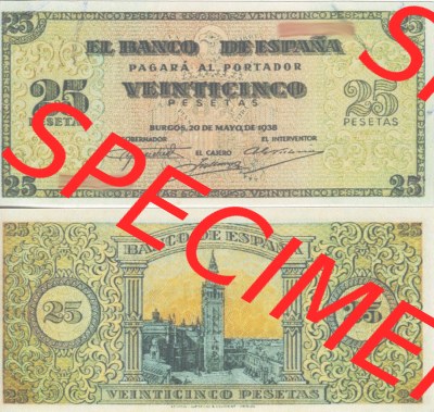 Banknoten Spanien 1938-1938, 25 Peseten. Vorderseite und Rückseite auf einen Digitalen Bild der Banknoten von Spanien 1937-1938,... Sammlung