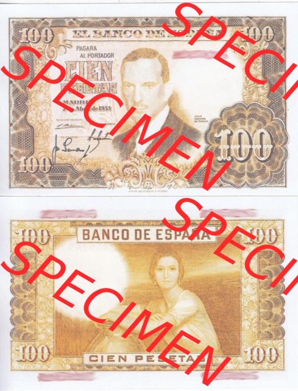 Banknoten Spanien 1953-1953, 100 Peseten. Vorderseite und Rückseite auf einen Digitalen Bild der Banknoten von Spanien 1953-1958, Banknoten aus Satz der Banknoten Spanien 1953-1958... Sammlung