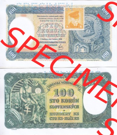 Banknoten Tschechoslowakei 1945-1945, 100 Kronen I mit aufgeklebter Briefmarke, Geldscheine mit Briefmarken der provisorischen... Sammlung
