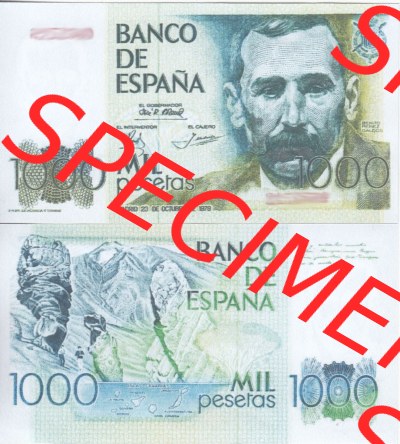 Banknoten Spanien 1979-1982, 1000 Peseten. Vorderseite und Rückseite auf einen Digitalen Bild der Banknoten von Spanien 1979-1987,... Sammlung