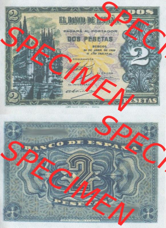 Banknoten Spanien 1938-1938, 2 Peseten. Vorderseite und Rückseite auf einen Digitalen Bild der Banknoten von Spanien 1937-1938, Banknoten aus Satz der Banknoten Spanien 1937-1938... Sammlung