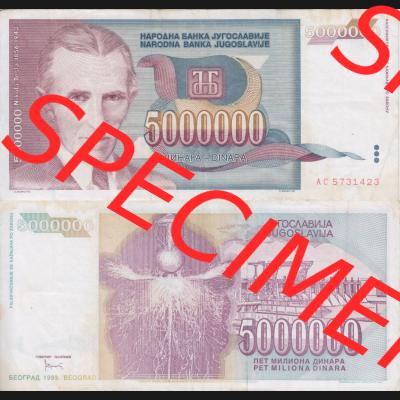 Banknoten Jugoslawien 1993-1993, 5000000 Dinar. Vorderseite und Rückseite einer Banknote aus dem nicht mehr existierenden Land Jugoslawien auf einen Digitalen Bild, Banknoten aus... Sammlung