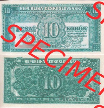 Banknoten Tschechoslowakei 1950-1950, 10 Kronen, Desat Korun. Vorderseite und Rückseite auf einen Digitalen Bild der Banknoten... Sammlung