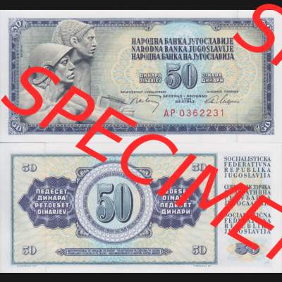 Banknoten Jugoslawien 1968-1968, 50 Dinar. Vorderseite und Rückseite einer Banknote aus dem nicht mehr existierenden Land Jugoslawien auf einen Digitalen Bild, Banknoten aus Satz... Sammlung