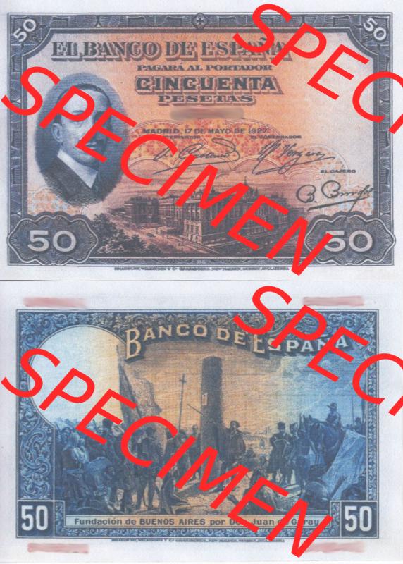 Banknoten Spanien 1927-1927, 50 Peseten. Vorderseite und Rückseite auf einen Digitalen Bild der Banknoten von Spanien 1926-1927, Banknoten aus Satz der Banknoten Spanien 1926-1927... Sammlung