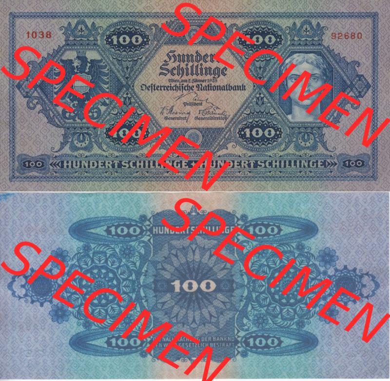 Banknoten Österreich 1925-1925, 100 Schilling. Vorderseite und Rückseite auf einen Digitalen Bild der Banknoten von Österreich 1924 und 1925, Banknoten aus 2 Sätzen... Sammlung