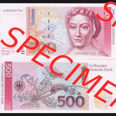 BRD Deutschland Deutsche Bundesbank 1991-1993, 500 DM-Deutsche Mark. Vorderseite und Rückseite auf einen Digitalen Bild der Banknoten Deutschland Deutsche Bundesbank 1989-1993,... Sammlung
