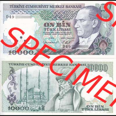 Banknote Türkei 1970, 10000 Lire. Vorderseite und Rückseite auf einen Digitalen Bild der Banknoten der Türkei 1968-1986, Banknoten aus Satz der Banknoten der Türkei... Sammlung