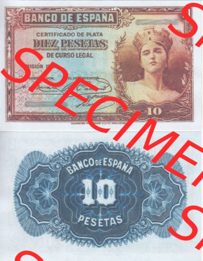 Banknoten Spanien 1935-1936, 10 Peseten. Vorderseite und Rückseite auf einen Digitalen Bild der Banknoten von Spanien 1935-1938,... Sammlung