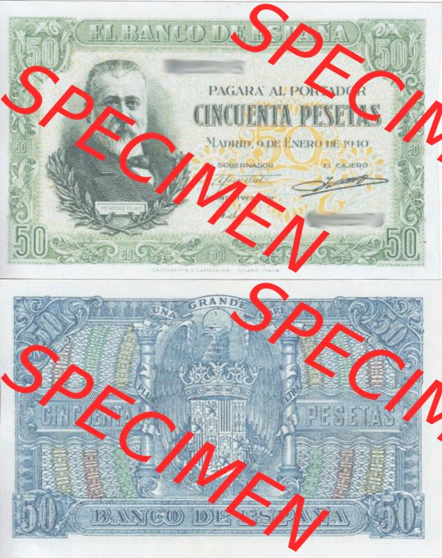 Banknoten Spanien 1940-1943, 50 Peseten. Vorderseite und Rückseite auf einen Digitalen Bild der Banknoten von Spanien 1940, 1943, 1945, Banknoten aus Satz der Banknoten... Sammlung