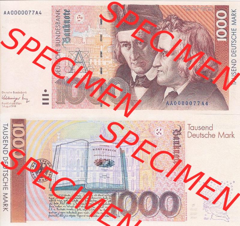 BRD Deutschland Deutsche Bundesbank 1991-1993, 1000 DM-Deutsche Mark. Vorderseite und Rückseite auf einen Digitalen Bild der Banknoten Deutschland Deutsche Bundesbank 1989-1993,... Sammlung