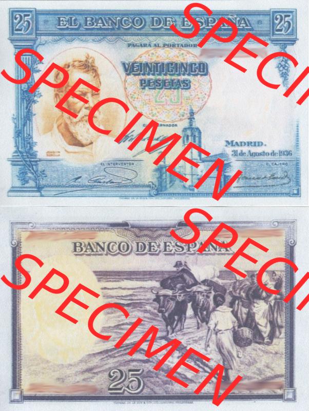 Banknoten Spanien 1936-1938, 25 Peseten. Vorderseite und Rückseite auf einen Digitalen Bild der Banknoten von Spanien 1935-1938, Banknoten aus Satz der Banknoten Spanien 1935-1938... Sammlung