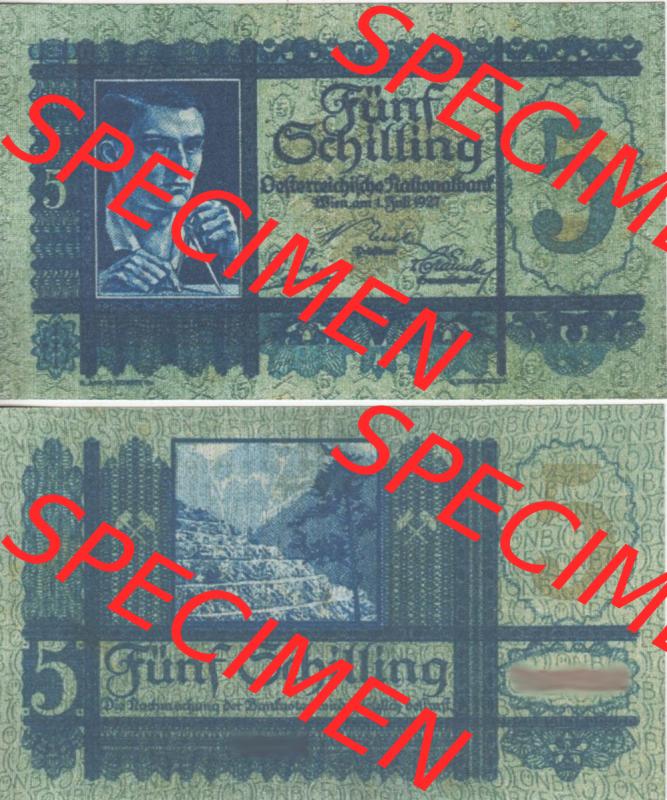Banknoten Österreich 1927-1927, 5 Schilling. Vorderseite und Rückseite auf einen Digitalen Bild der Banknoten von Österreich 1927-1930, Banknoten aus Satz der Banknoten... Sammlung