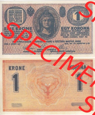 Banknoten Österreich 1914-1914, Krone. Vorderseite und Rückseite auf einen Digitalen Bild der Banknoten von Österreich 1913-1919,... Sammlung