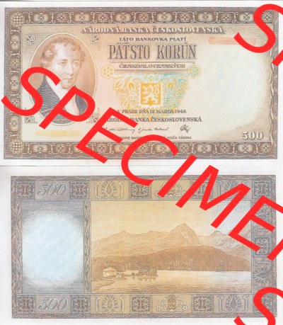 Banknoten Tschechoslowakei 1946-1946, 500 Kronen, Pätsto Korun. Vorderseite und Rückseite auf einen Digitalen Bild der Banknoten... Sammlung
