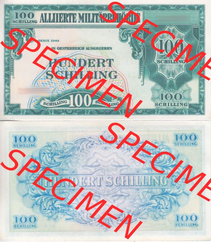 Banknoten Österreich 1944-1944, 100 Schilling Alliierte Militärbehörde. Vorderseite und Rückseite auf einen Digitalen Bild der Banknoten von Österreich 1944 Alliierte... Sammlung