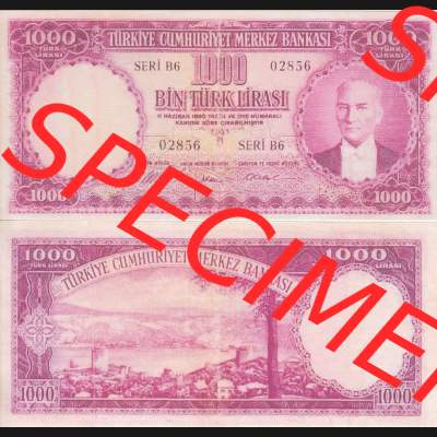 Banknote Türkei 1953, P172, 1000 Lira. Vorderseite und Rückseite auf einen Digitalen Bild der Banknoten der Türkei 1951-1960, Banknoten aus Satz der Banknoten der... Sammlung