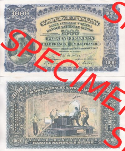 Banknoten Schweiz 1927-1955, 1000 Franken. Vorderseite und Rückseite auf einen Digitalen Bild der Banknoten der Schweiz 1913-1955,... Sammlung