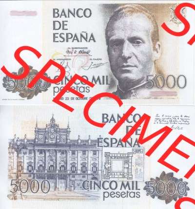 Banknoten Spanien 1979-1982, 5000 Peseten. Vorderseite und Rückseite auf einen Digitalen Bild der Banknoten von Spanien 1979-1987,... Sammlung