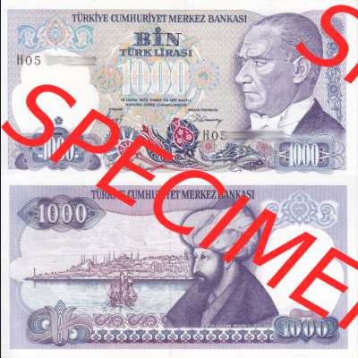 Banknote Türkei 1970, 1000 Lire. Vorderseite und Rückseite auf einen Digitalen Bild der Banknoten der Türkei 1968-1986, Banknoten aus Satz der Banknoten der Türkei... Sammlung