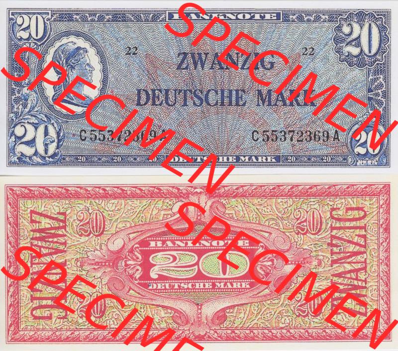 BRD Deutschland Alliierte Besetzung 1948, 20 Deutsche Mark II.. Vorderseite und Rückseite auf einen Digitalen Bild der Banknoten Deutschland 1948 der Alliierte Besetzung,... Sammlung