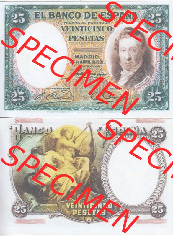 Banknoten Spanien 1931-1931, 25 Peseten. Vorderseite und Rückseite auf einen Digitalen Bild der Banknoten von Spanien 1931, Banknoten aus Satz der Banknoten Spanien 1931 in der... Sammlung