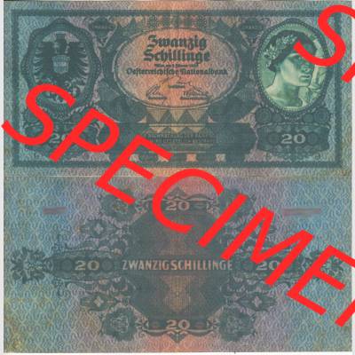 Banknoten Österreich 1925-1925, 20 Schilling. Vorderseite und Rückseite auf einen Digitalen Bild der Banknoten von Österreich 1924 und 1925, Banknoten aus 2 Sätzen... Sammlung