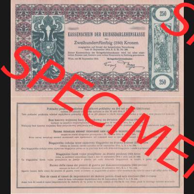 Banknoten Österreich 1914-1914, 250 Kronen KRIEGSDARLEHENSKASSE KASSENSCHEIN. Vorderseite und Rückseite auf einen Digitalen Bild der Banknoten von Österreich 1914-1914 Kriegskassenscheine,... Sammlung