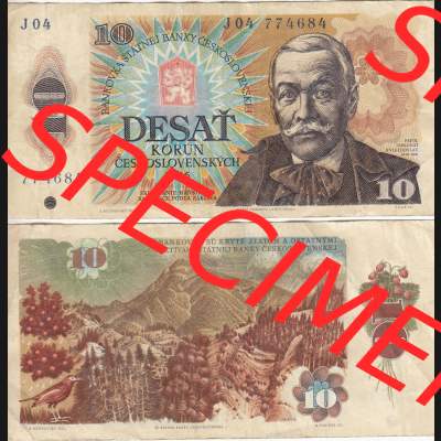 Banknoten Tschechoslowakei 1986-1986, 10 Korun I.. Vorderseite und Rückseite auf einen Digitalen Bild der Banknoten der Tschechoslowakei 1970-1988, Banknoten aus Satz der... Sammlung