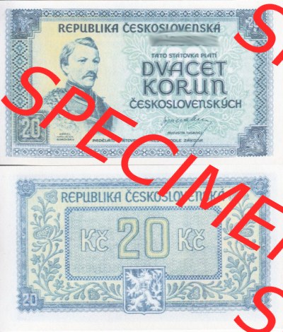 Banknoten Tschechoslowakei 1945-1945, 20 Kronen. Vorderseite und Rückseite auf einen Digitalen Bild der Banknoten der Tschechoslowakei... Sammlung