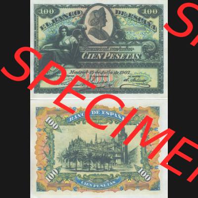 Banknoten Spanien 1907-1907, 100 Peseten. Vorderseite und Rückseite auf einen Digitalen Bild der Banknoten von Spanien 1907, Banknoten aus Satz der Banknoten Spanien 1907 Peseten-Währung... Sammlung