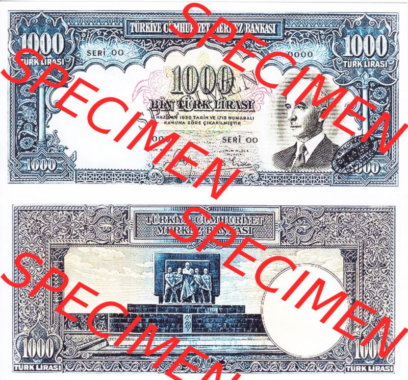Banknote Türkei 1940, P139, 1000 Lira. Vorderseite und Rückseite auf einen Digitalen Bild der Banknoten der Türkei 1940-1944, Banknoten aus Satz der Banknoten der... Sammlung