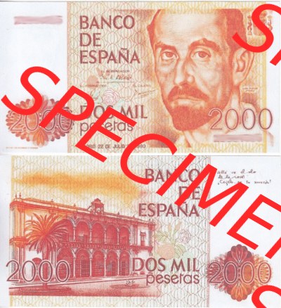 Banknoten Spanien 1980-1982, 2000 Peseten. Vorderseite und Rückseite auf einen Digitalen Bild der Banknoten von Spanien 1979-1987,... Sammlung