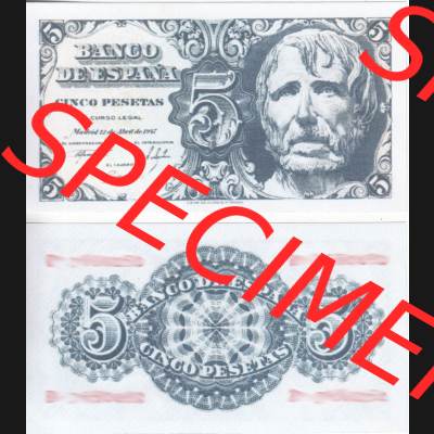 Banknoten Spanien 1947-1947, 5 Peseten. Vorderseite und Rückseite auf einen Digitalen Bild der Banknoten von Spanien 1946-1949, Banknoten aus Satz der Banknoten Spanien 1946-1949... Sammlung