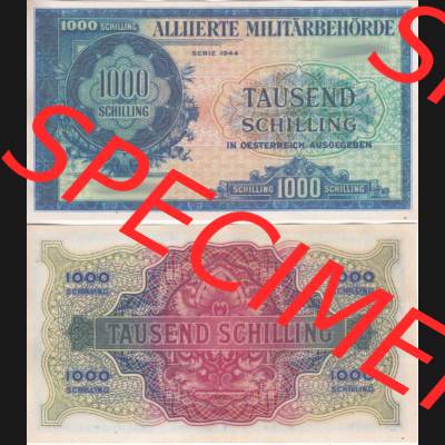 Banknoten Österreich 1944-1944. 1000 Schilling Alliierte Militärbehörde. Vorderseite und Rückseite auf einen Digitalen Bild der Banknoten von Österreich 1944 Alliierte... Sammlung